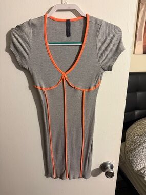 Gray Ribbed Mini Dress with Neon Orange Piping